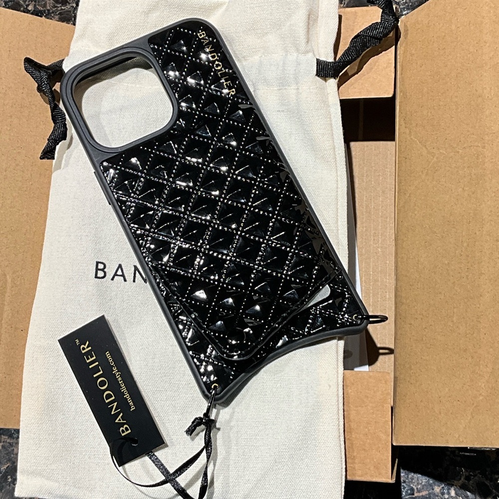 Sheila Pyramid Bandolier Black Glossy Quilted Phone Case for IPhone 15 Pro Max